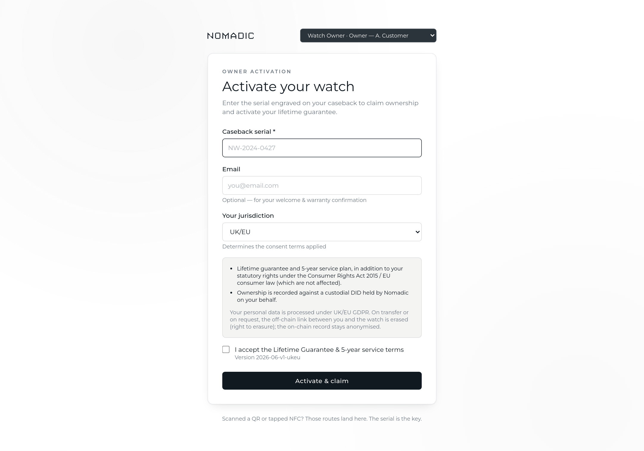 Activation page with serial entry, jurisdiction selection and jurisdiction-specific consent terms