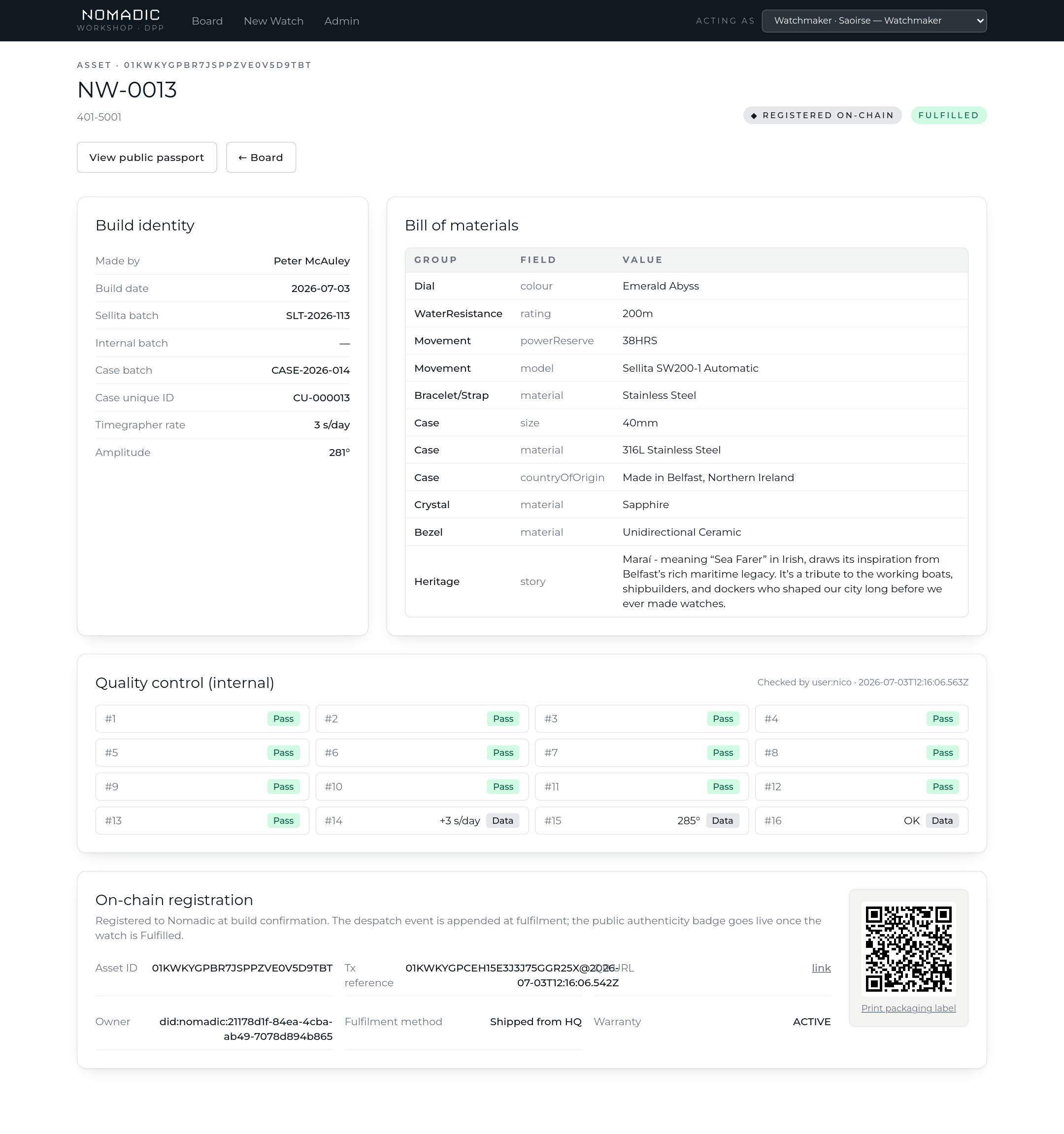 Asset detail page showing build identity, BOM, QC record and on-chain registration