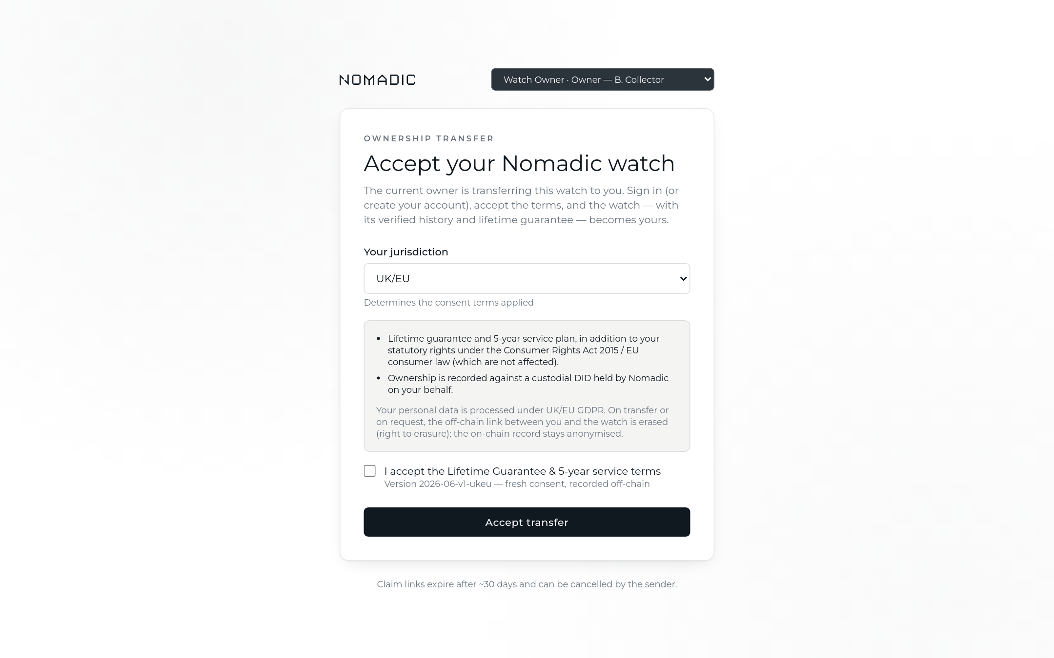 Transfer claim page where the incoming owner accepts with fresh jurisdiction-specific consent