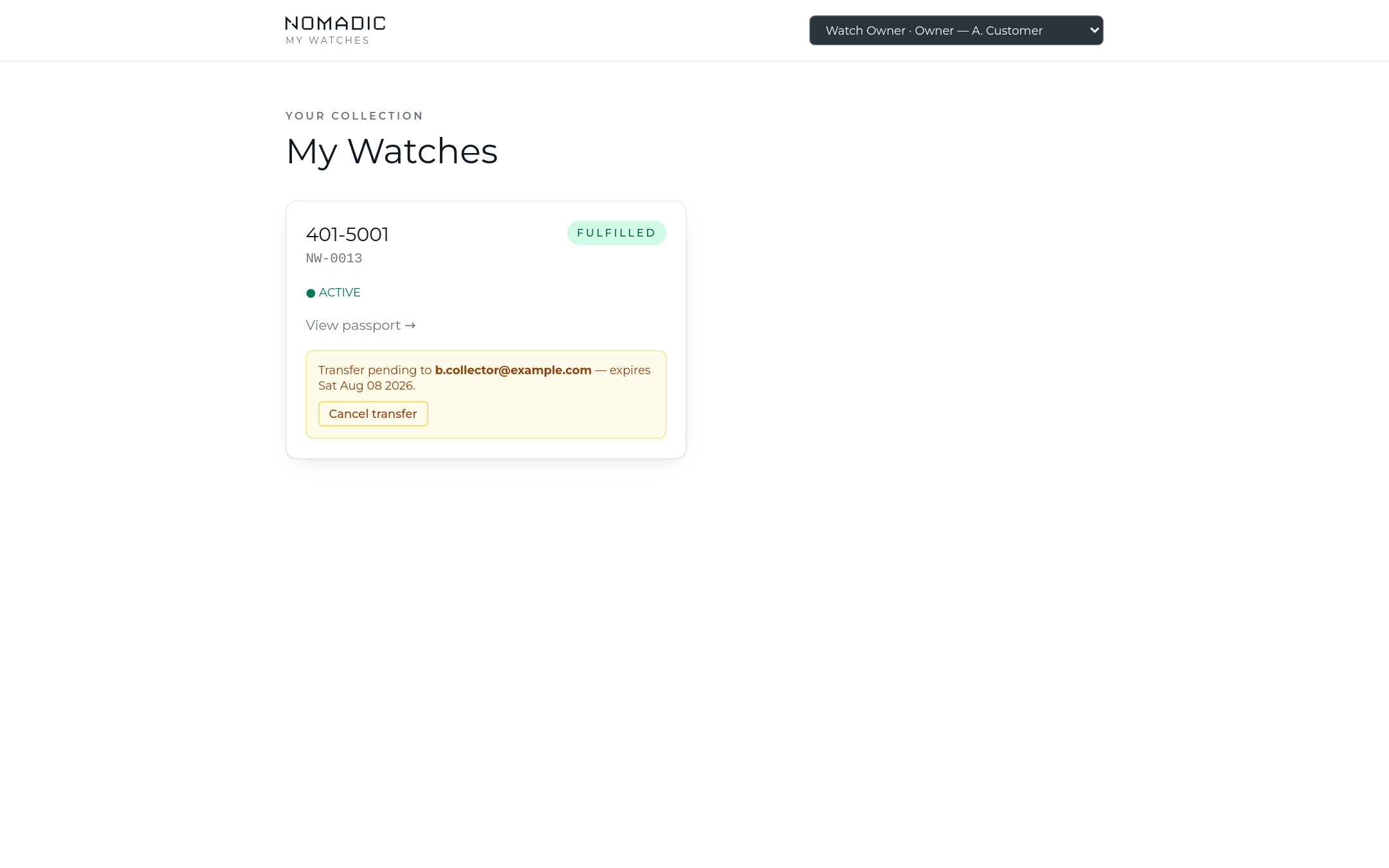 My Watches list showing an owned watch with an active warranty and a pending transfer with cancel