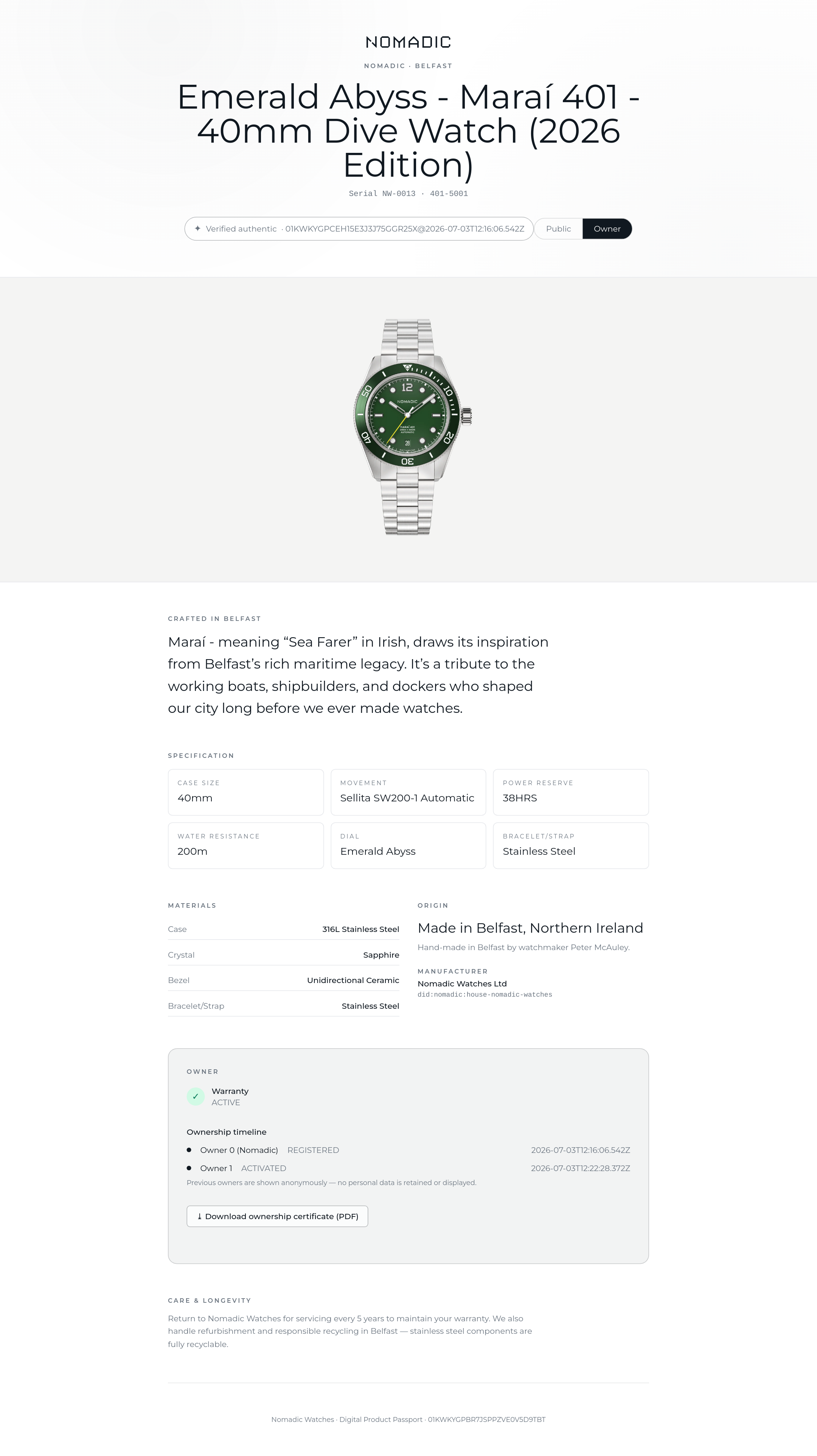 Owner layer of the passport with materials, origin, warranty, ownership timeline and certificate download
