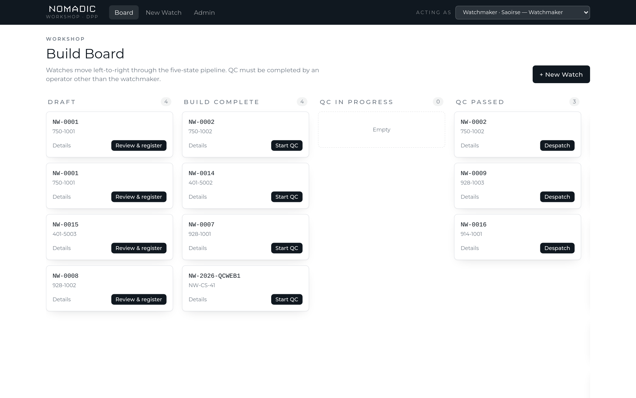 The Build Board with five state columns and per-card next actions