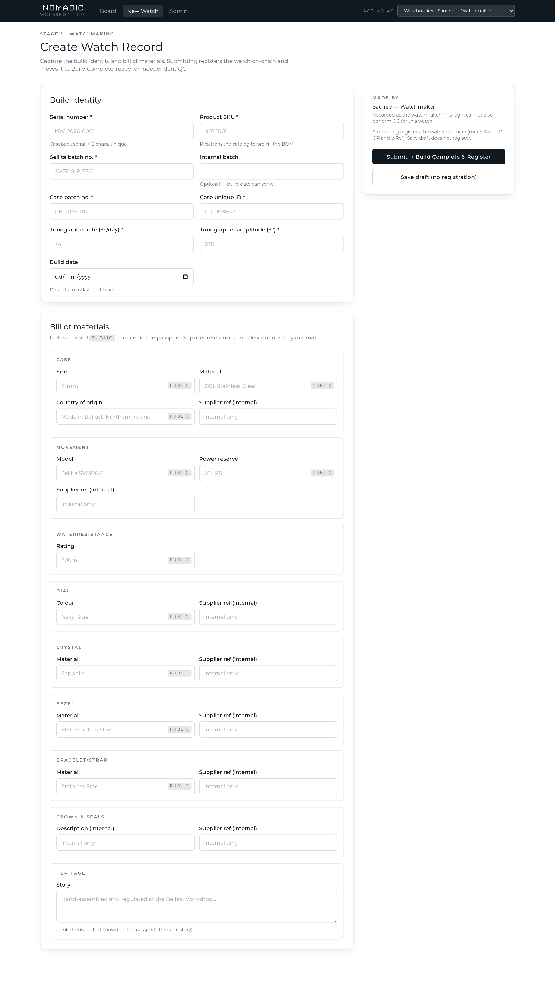 Create Watch Record form with build identity fields and grouped BOM entry